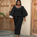 Blue Beaded Lantern Sleeve Peplum Dress Elegant Nightwear