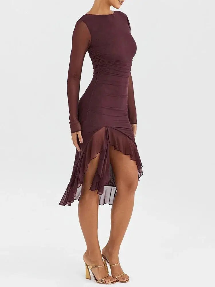 Elegant Sheer Sleeve Ruched Midi Dress For Women Fashion