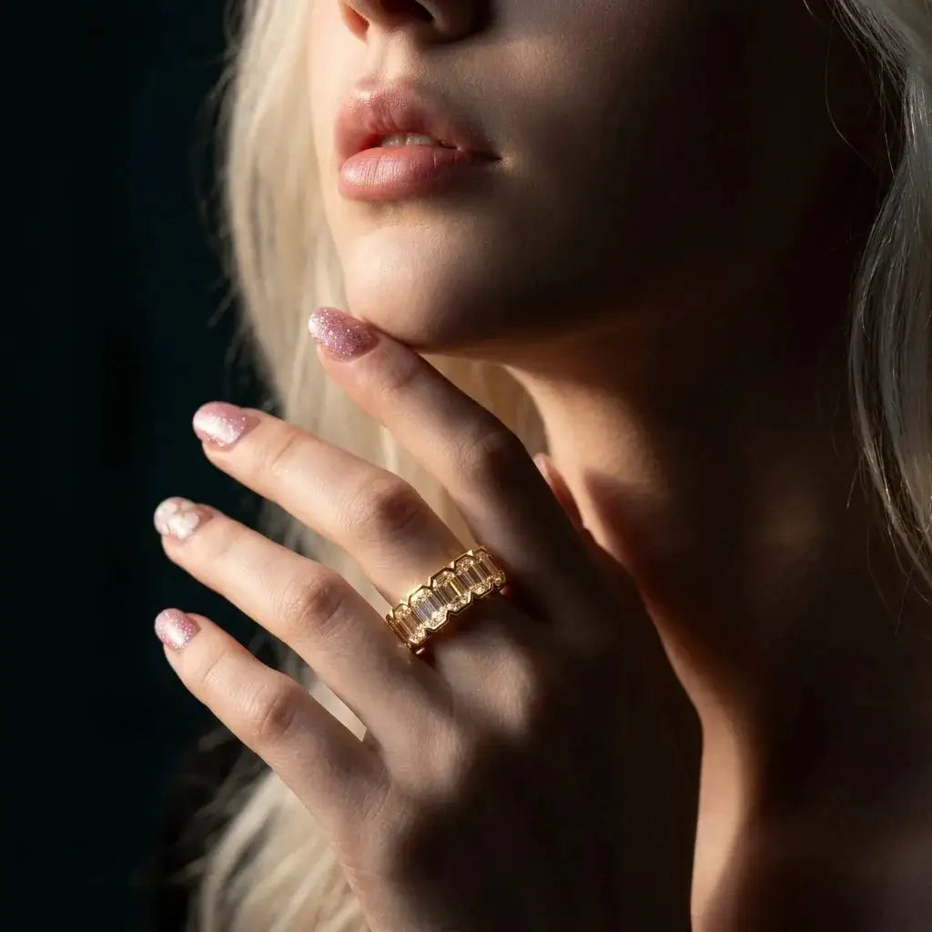 Rectangular-setting stacking ring offered in moissanite and zircon options