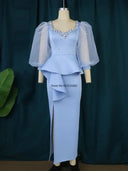 Blue Beaded Lantern Sleeve Peplum Dress Elegant Nightwear