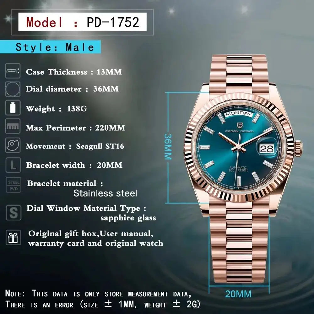 PAGANI DESIGN DD36 Men's Watches Rose Gold Luxury Automatic Watch For Men Mechanical Wristwatches Sapphire Mirror Clock Gift Man