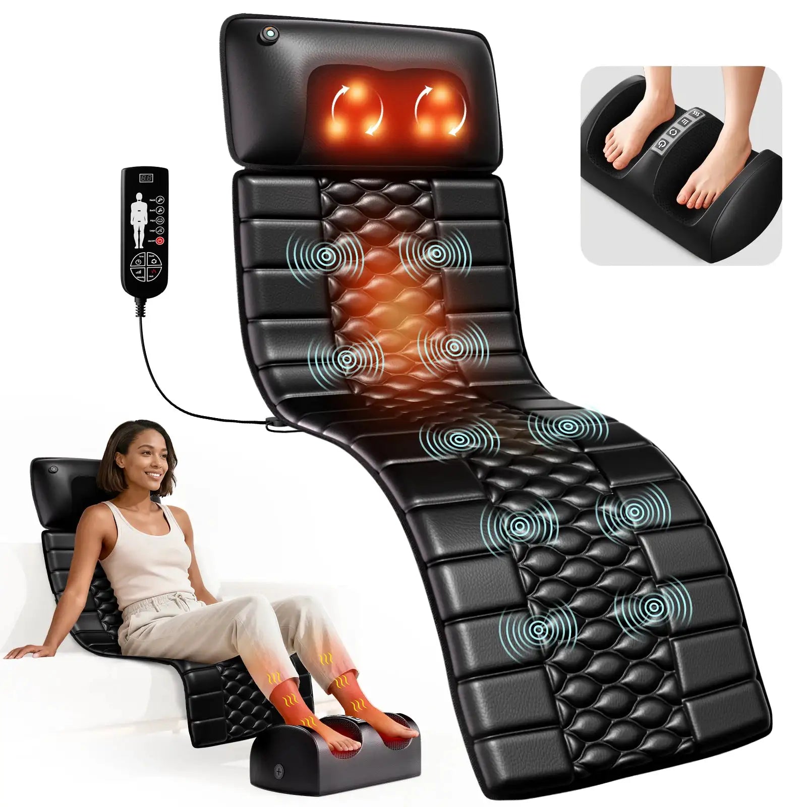 Shiatsu Full Body Massage Mat with Heat, Detachable Massager Pad, 10 Vibrating Motors, 9 Intensity Levels, Relax at Home Office