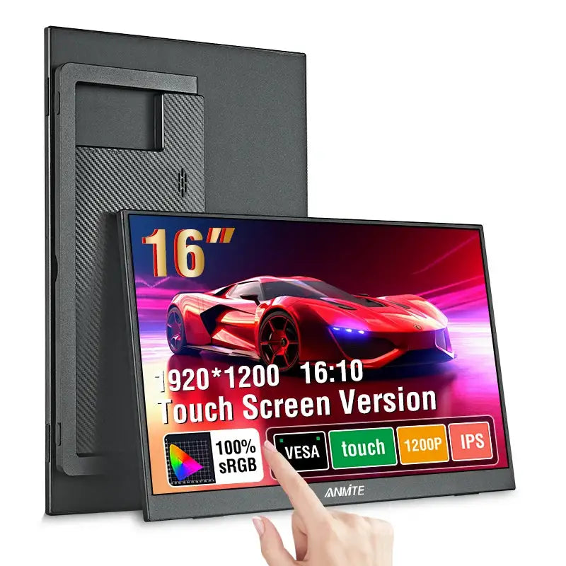 Anmite 16 Inch Portable Touch Monitor Non-touch Optional 1200P 1920*1200 HDR IPS External Screen, Full Function Type-C HDMI Plug&Play Built-in Speaker Low Blue Light Gaming Display For Phone Laptop Switch PS4 PS5 Xbox Steam D