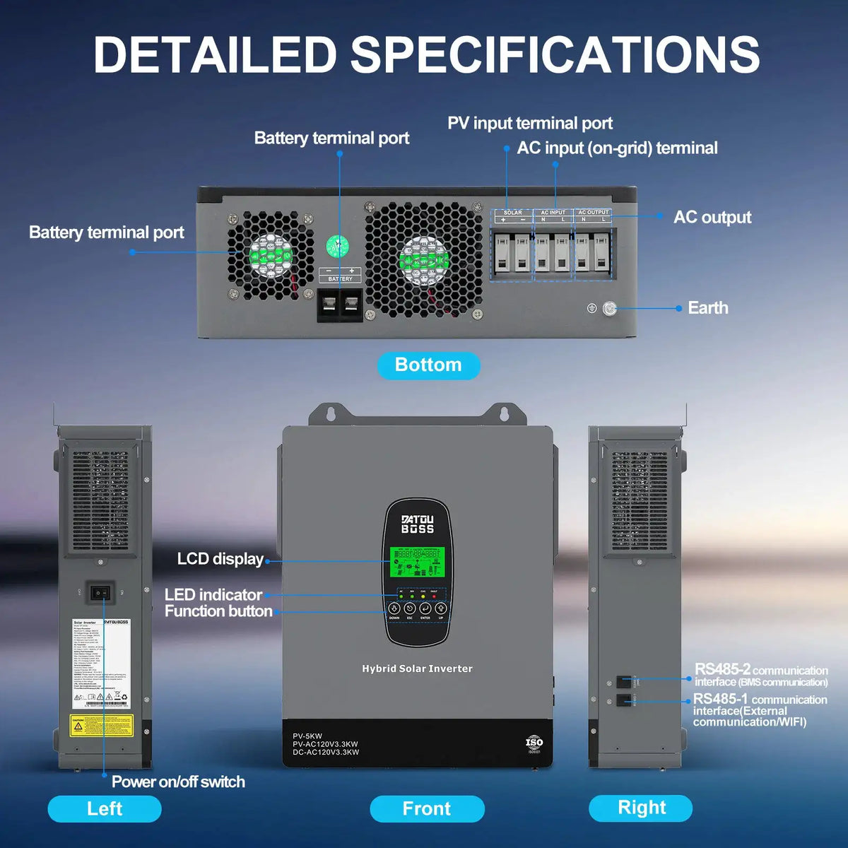 DATOUBOSS 24V3300W Hybrid Solar Inverter, 24V DC to 110/120V AC Inversor with 120A MPPT ,Max. PV Input 5000W 500Vdc,Off Grid Pure Sine Wave Inverter for Lead Acid/LiFePO4 US store