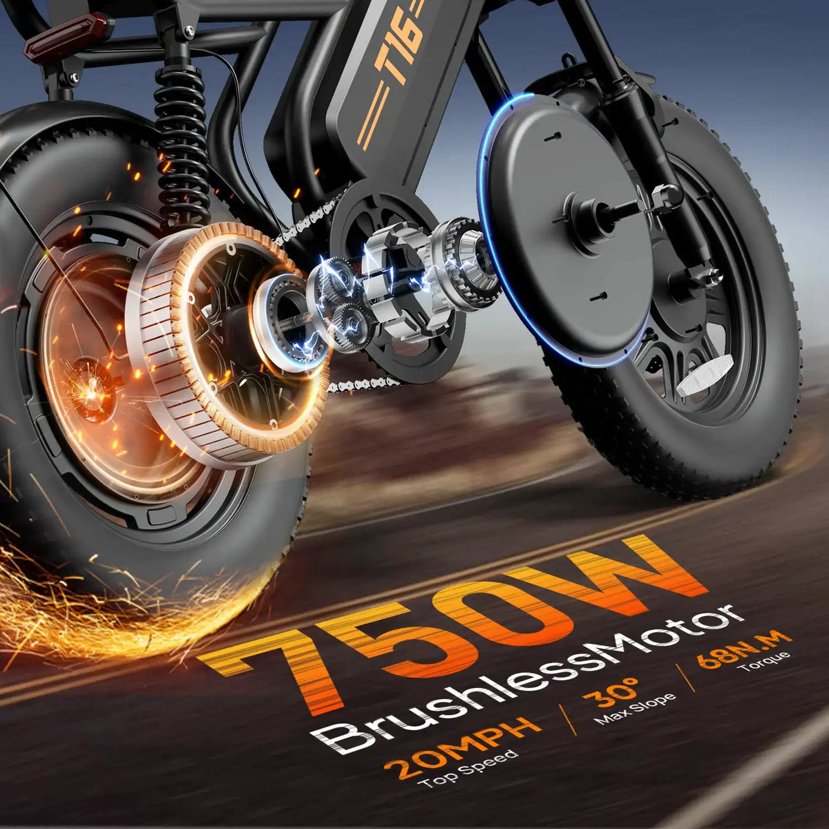 Urlife T16 16"x3" Fat Tire Electric Bike 750W Peak Motor 48V Removable Battery Dual Suspension 7-Speed Gears E-Bike Adult Commuter Off Road