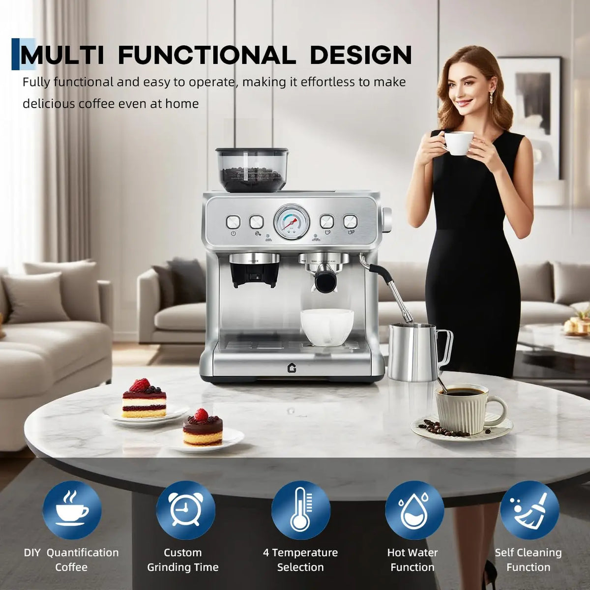 Coffee Machine with Grinder Stainless Steel Coffee Maker — product view 3