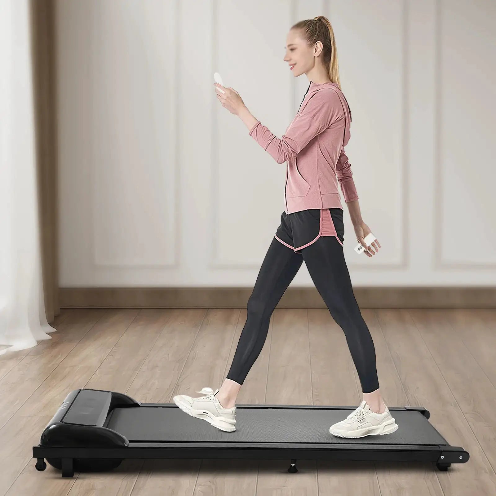 Under Desk Treadmill for Home Office, 2.25HP Quiet Portable Walking Jogging Machine with LED Display, Remote Control, 1-6km/h Speed, 100kg/220.46lbs Capacity, No Assembly Required, Easy Storage Under Bed