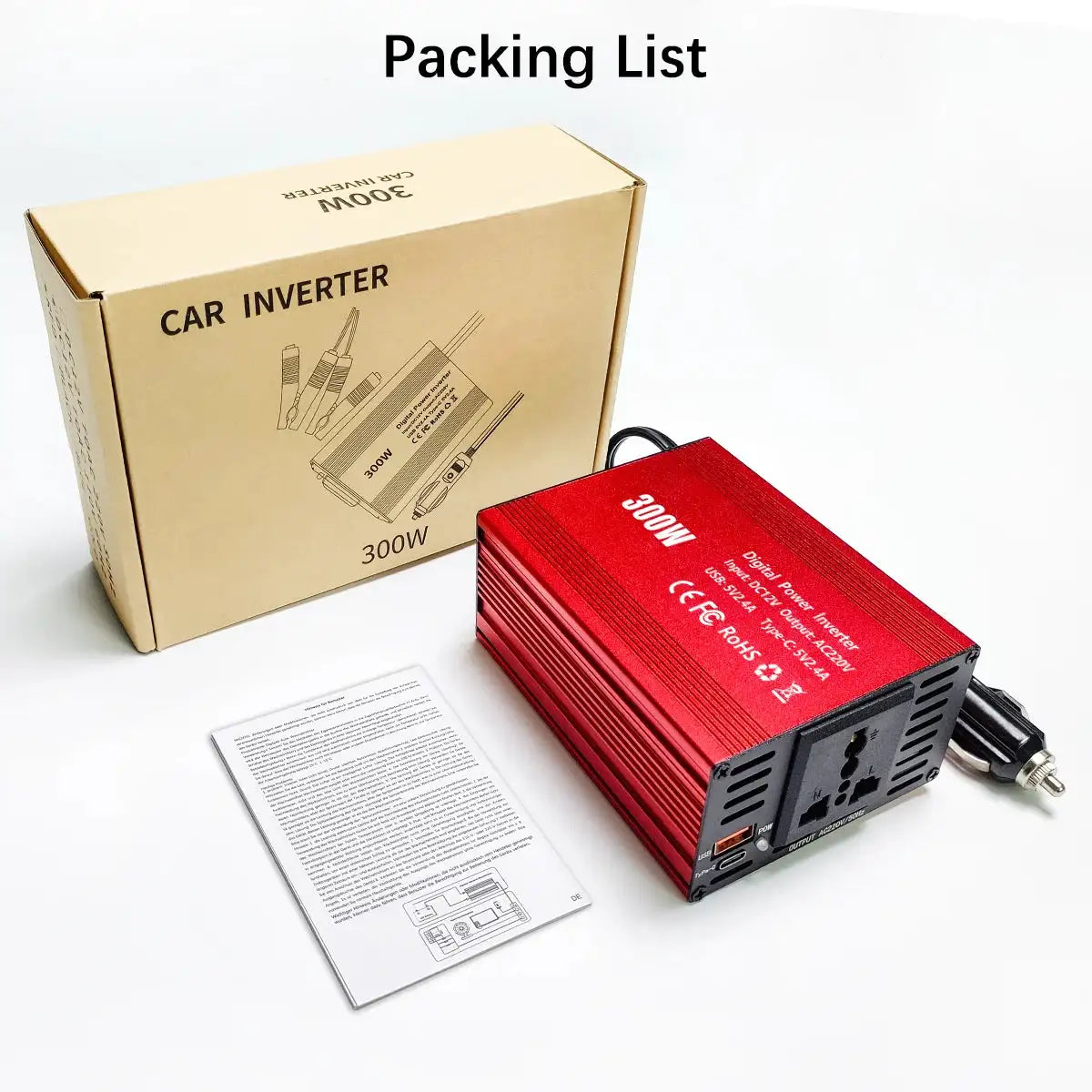 Car Power Inverter 300W Pure Sine Wave EU Socket DC12V to AC 220V 50hz, 5V 2.4A USB Port Fast Charging Voltage Adapter