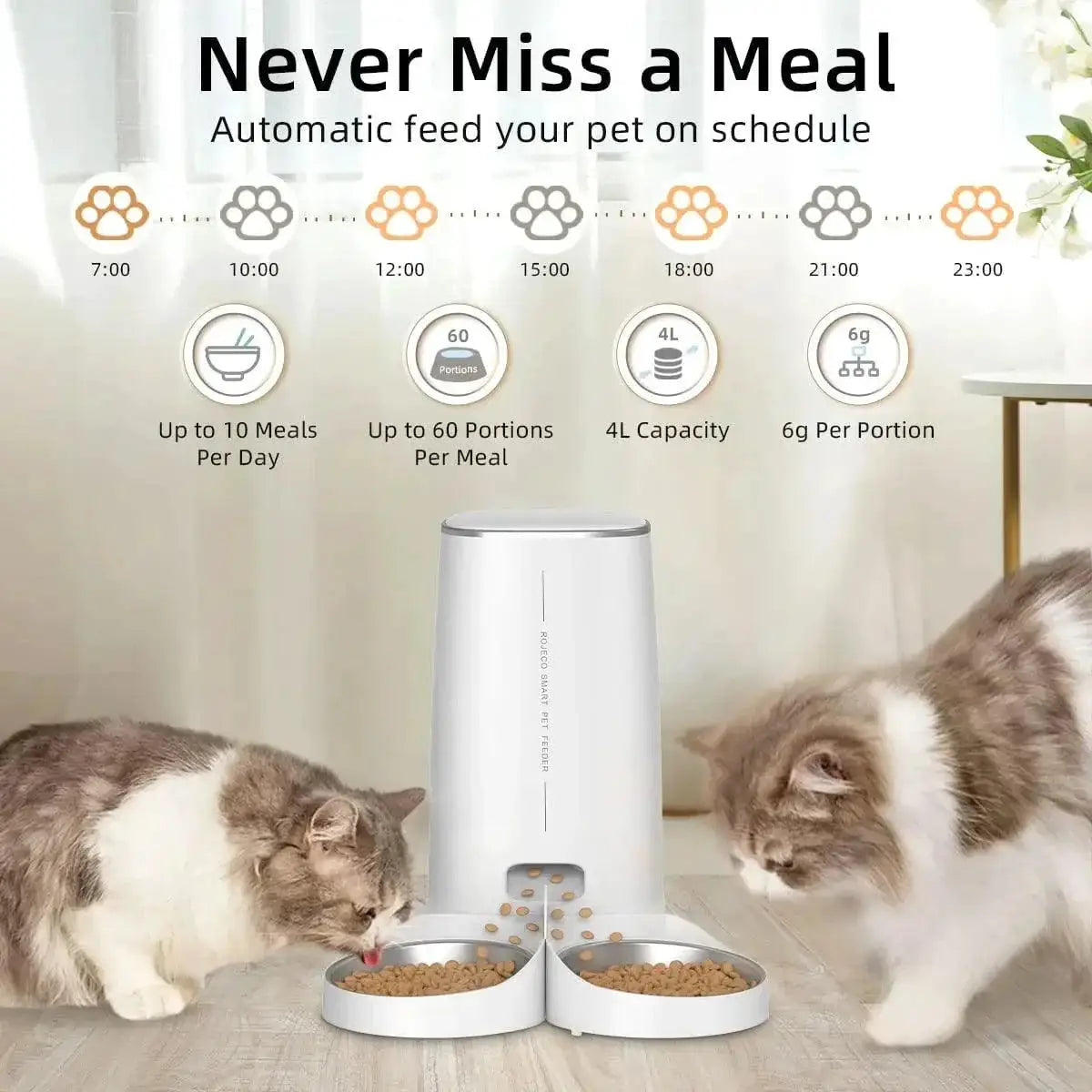 Rojeco Smart Cat Feeder WiFi Remote Control Auto Dispenser