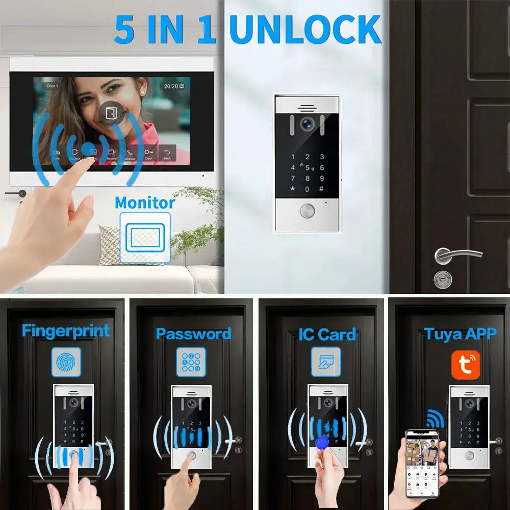 New 5in1 Fingerprint Unlock Tuya Smart 1080P 7inch LCD Wifi Video Intercom System Video Door Phone Camera with Motion Detector