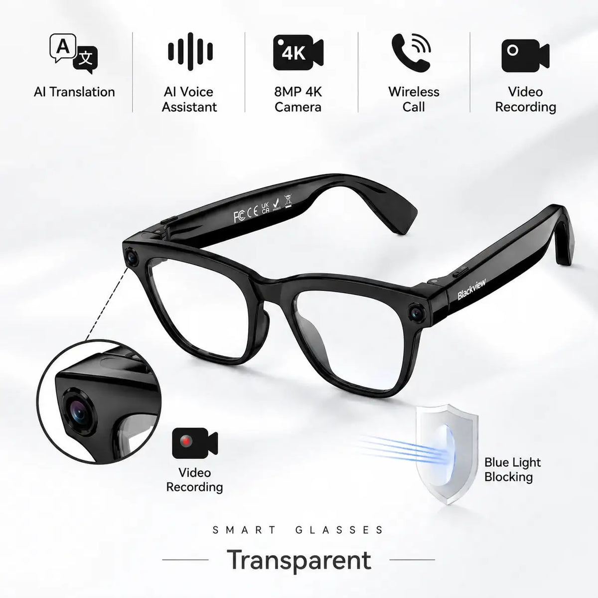 Blackview BV300 4K AI Glasses Color-Changing Smart Translation Glasses Photo Video Recording Waterproof Call Smart Sunglasses