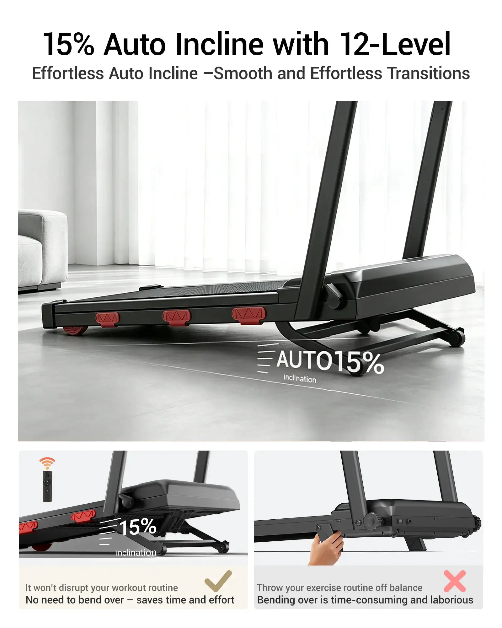 ROBORE X9F 15% Auto Incline Treadmill, 7.5 MPH Folding Walking Pad with Safety Handle, Quiet Powerful Motor, 12 Speed Levels, 6-Layer Shock Absorption, LED Display Under Desk Treadmill for Home Workout, Walking, Jogging & Ru