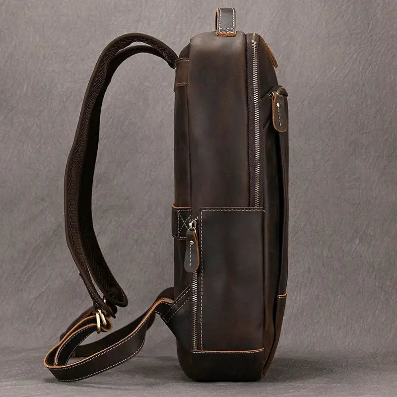 Men's Retro Crazy Horse Leather Laptop Backpack — product view 9