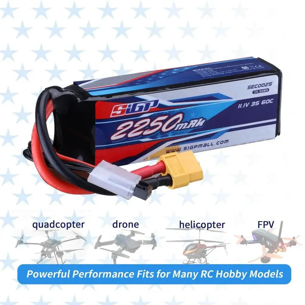 SIGP 3S LiPo Battery 11.1V 2250mAh 2 Pack For Drones FPV
