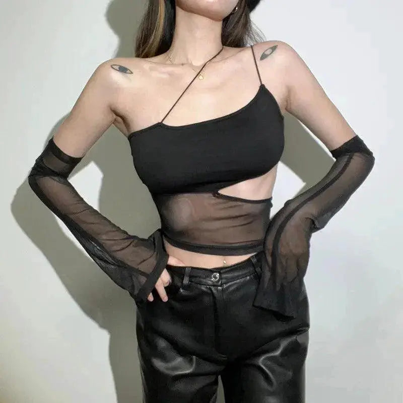 Fairy Grunge Sheer Mesh Crop Top for Bold Clubwear Women