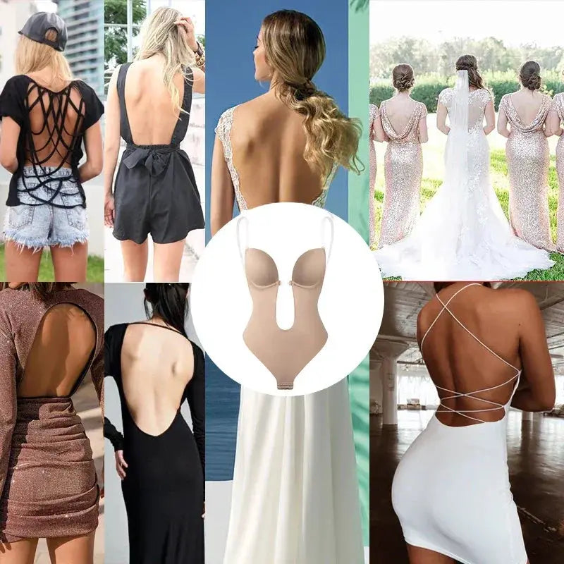 Backless Deep V Neck Thong Bodysuit Shapewear Invisible Bra