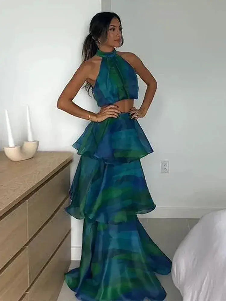 Bohemian Patchwork Ruffle Halter Dress For Summer Chic