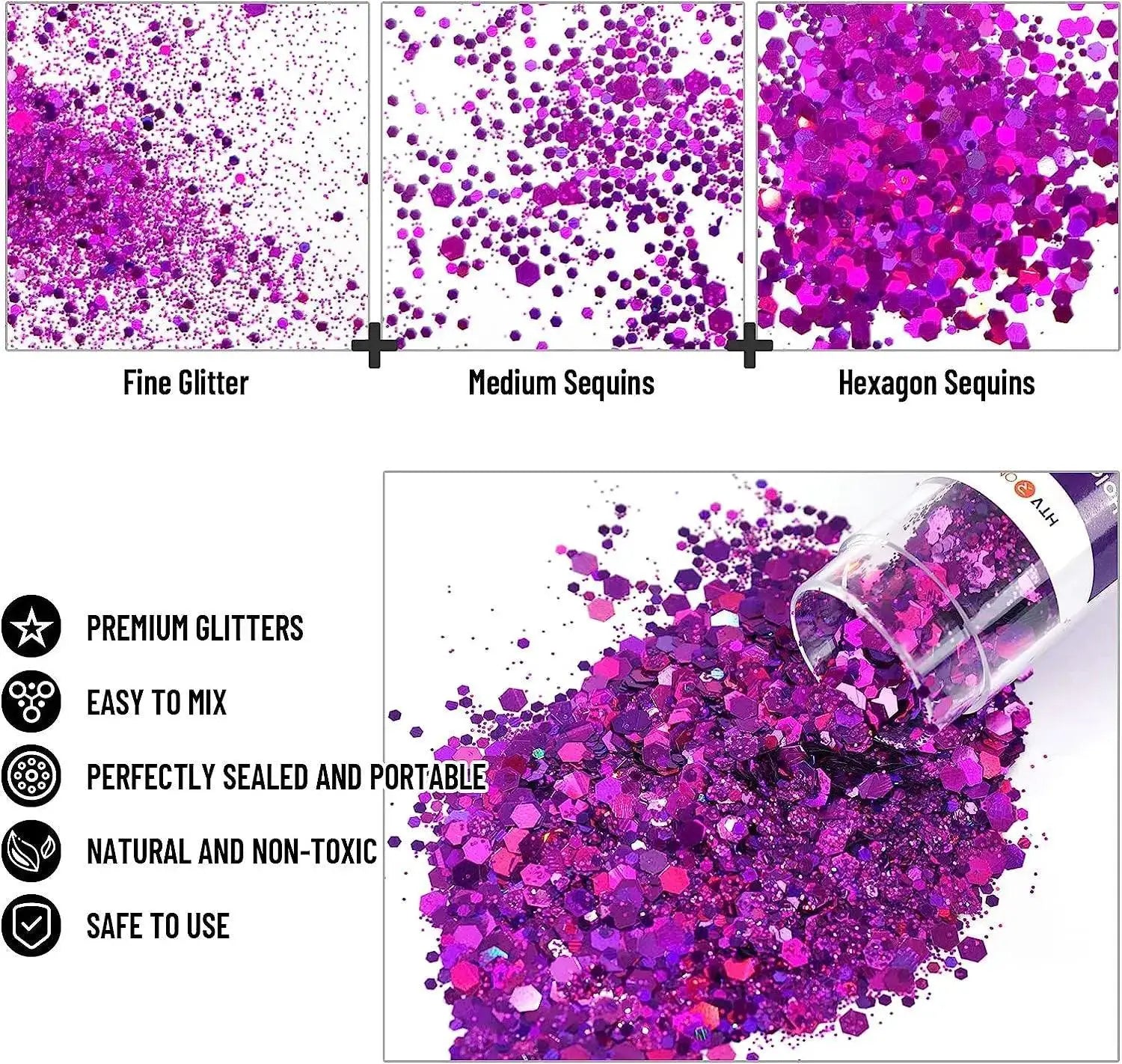 HTVRONT 150g 15 Color Holographic Chunky Glitter Powder Set