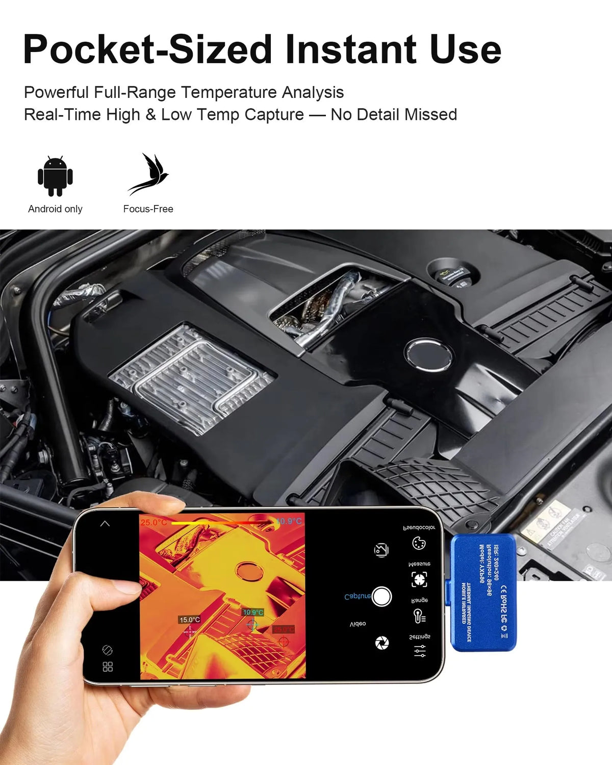Thermal Camera for Phone 96x96 IR, 240x240 Super Res, -20~600°C, USB-C Android/iOS, 15 Palettes, 40mK, Manual Focus