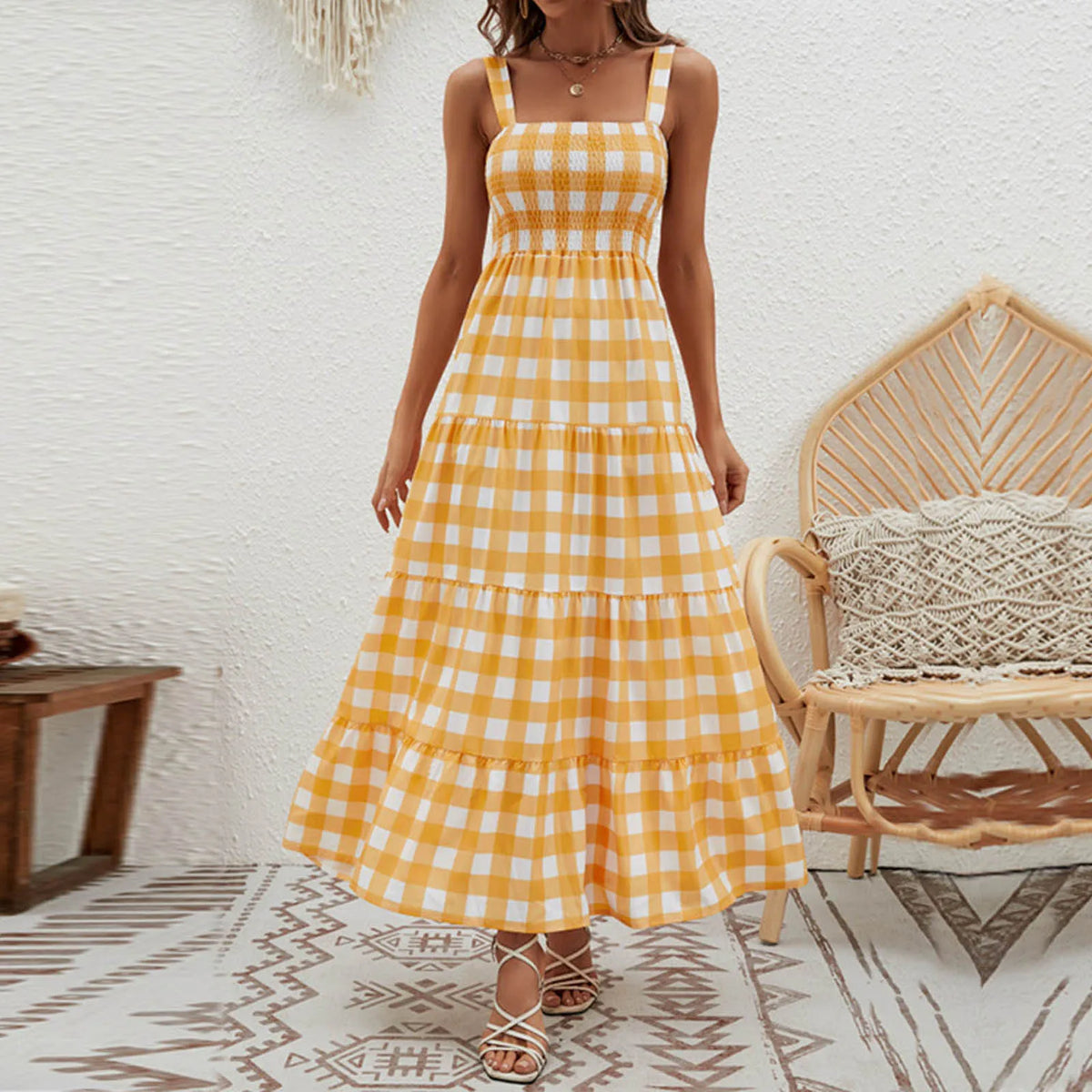 Plaid Sleeveless Vacation Maxi Dress