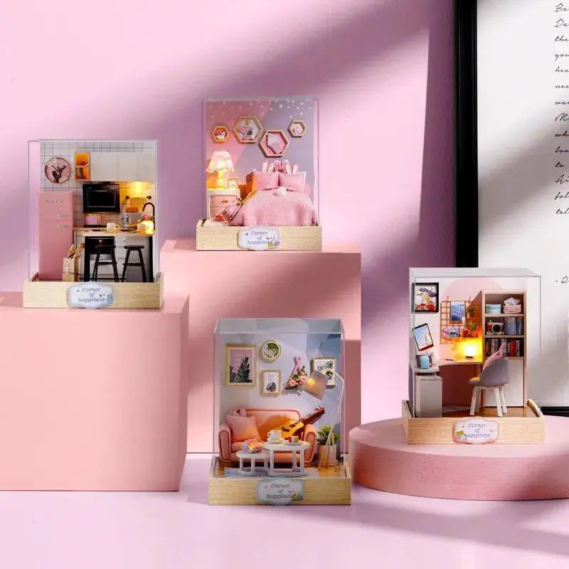 Kids Wooden Dollhouse Kit Creative Roombox Toy Set