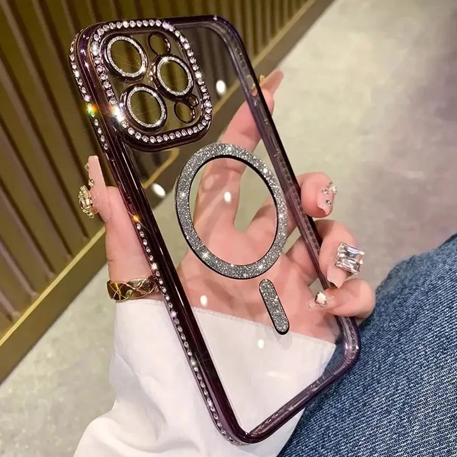 Fashion Glitter Diamond Transparent Case For iPhone 18 17 16 15 14 13 11 12 Pro Max Funda Magnetic Wireless Charger Bumper Cover