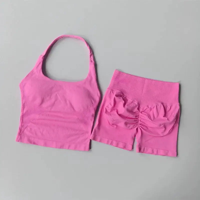 Yoga 2 Pieces Gym Set Women Backless Halter Tops High Waist Seamless Shorts Gym Suit Fitness Sports Bras Sportswear Workout Sets