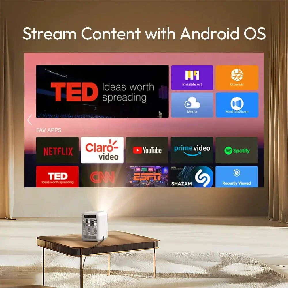 Smart projector streaming Android OS apps like Netflix and YouTube in a modern living room at OurLum.com