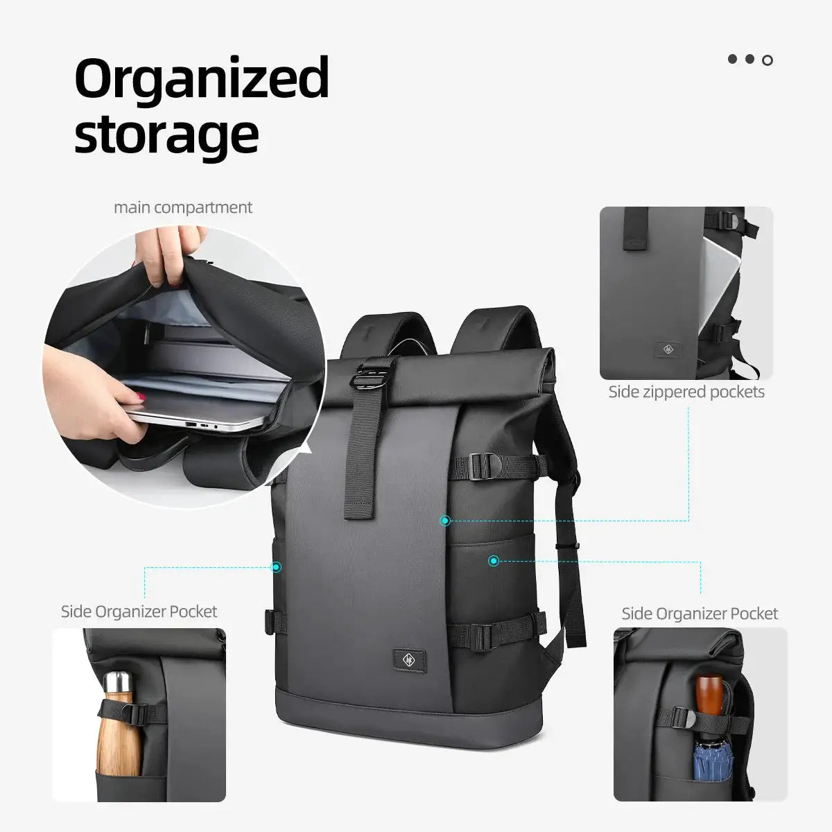 HK Waterproof Roll-Top Backpack for Men Large Capacity Expandable 17 Inch Laptop Bag Leisure Travel Backpack Hiking Camping Bags