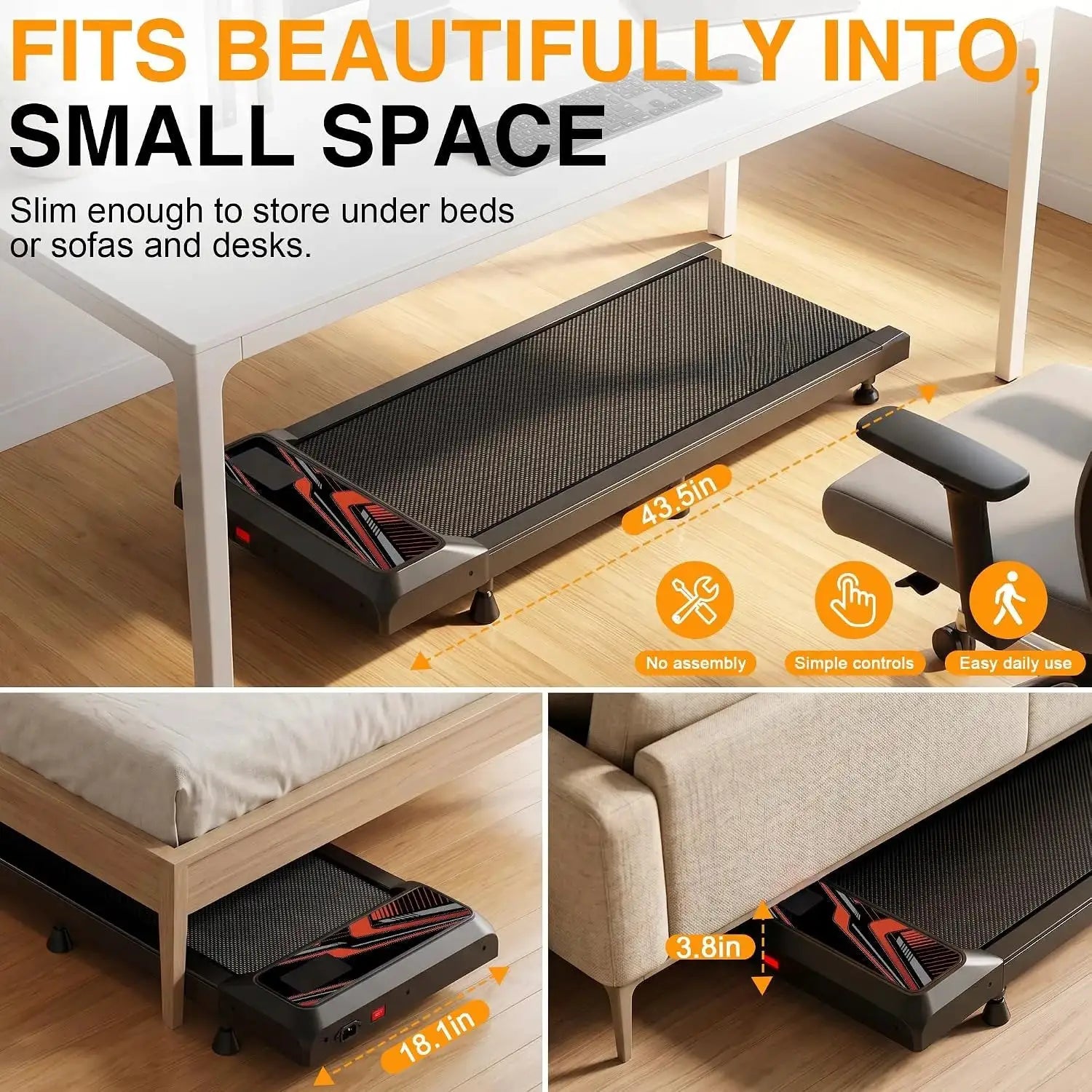 2.5HP Sloped Under-Desk Walking Pad Mat, Compact Portable Electric Treadmill for Home Indoor Gym Fitness Training