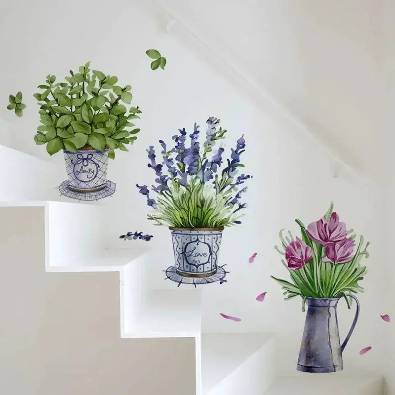 3Pcs Watercolor Flower Pots Wall Sticker Kitchen Decor