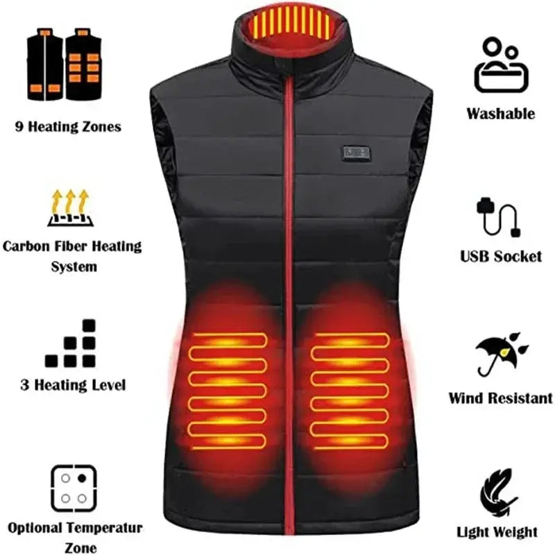 Women 9 Zone Heated Vest For Camping Outdoor Warmth