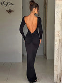 Hugcitar Backless Long Sleeve Bodycon Maxi Dress Solid Prom Party Y2K Night Glow