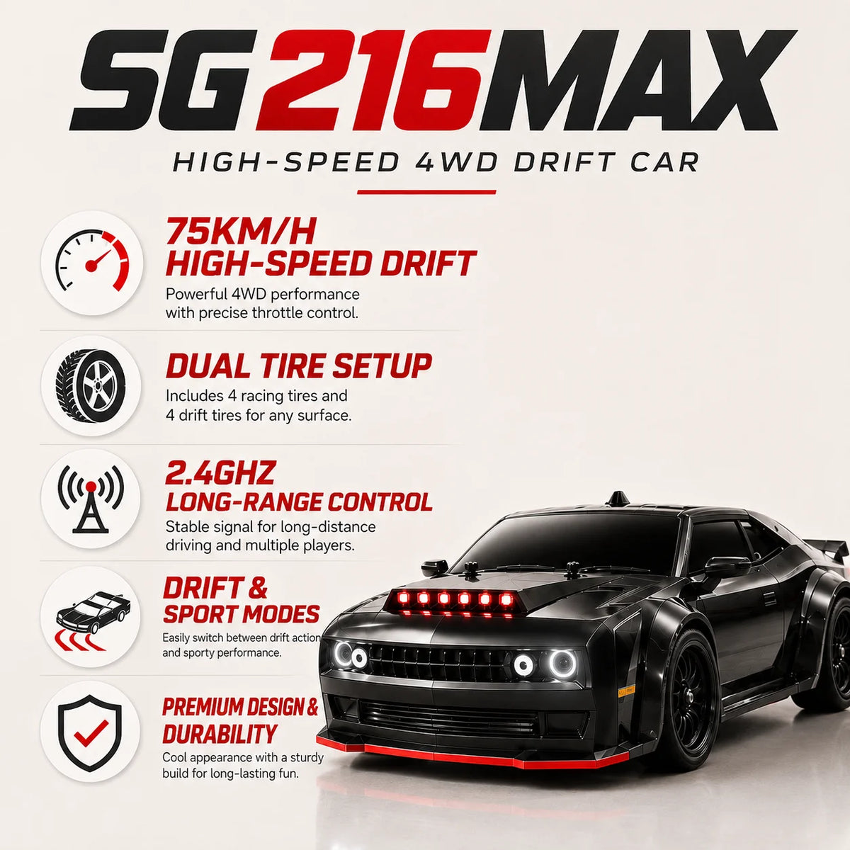 ZNLYRION Remote Control RC Drift CarToy Scale Brushless Racing Lights — product view 4