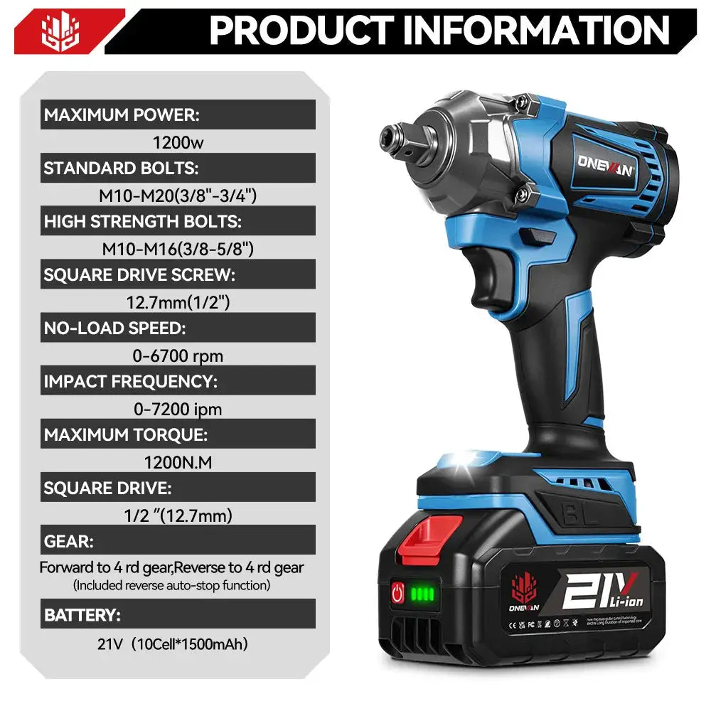 ONEVAN 1200N.M Brushless Electric Impact Wrench 3 Funtion 1/2" Cordless Portable Screwdriver Drill Tools For Makita Battery Pin