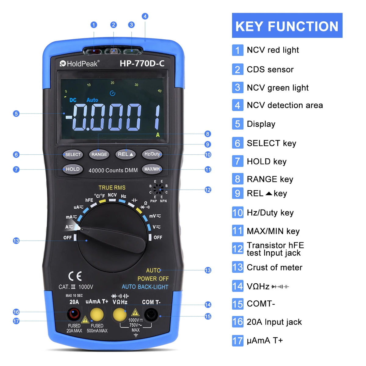 HoldPeak LCD Digital Counts True RMS Auto Range Multimetro — product view 3