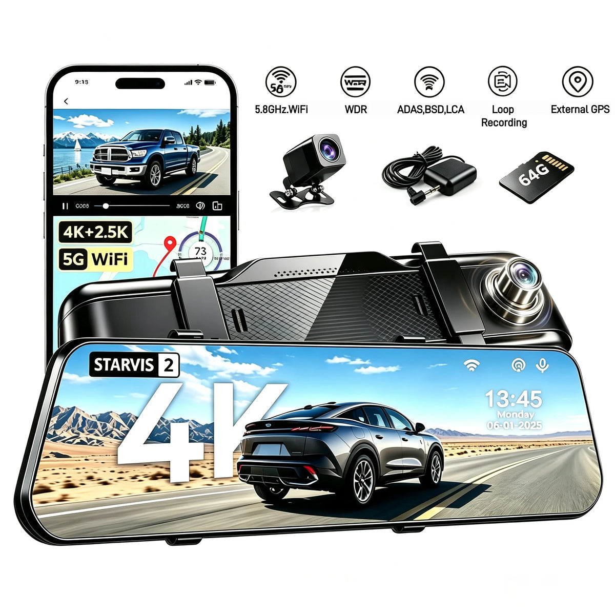 Touch Screen Mirror Dash Cam Rear View Mirror Camera, Parking Loop — product view 1