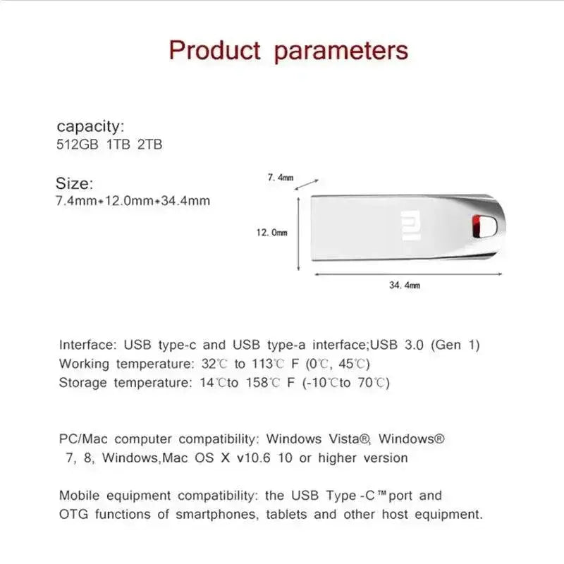 2TB Metal USB 3.0 Flash Drive High Speed Pendrive Portable