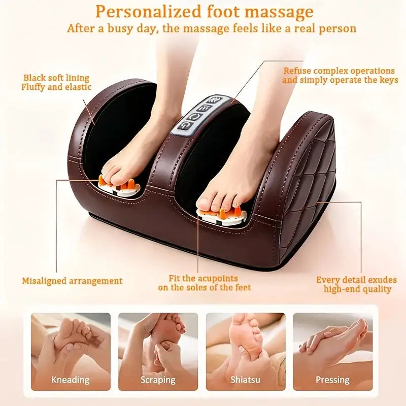 Electric Brown Foot Massager. Roller Acupressure Relaxation Massage, Targeted Massage of Foot Meridian Points. Two-Way Motion Modes, 3 Levels of Massage Intensity. Especially Suitable for Use on Calves, Feet, Legs, and Hands.