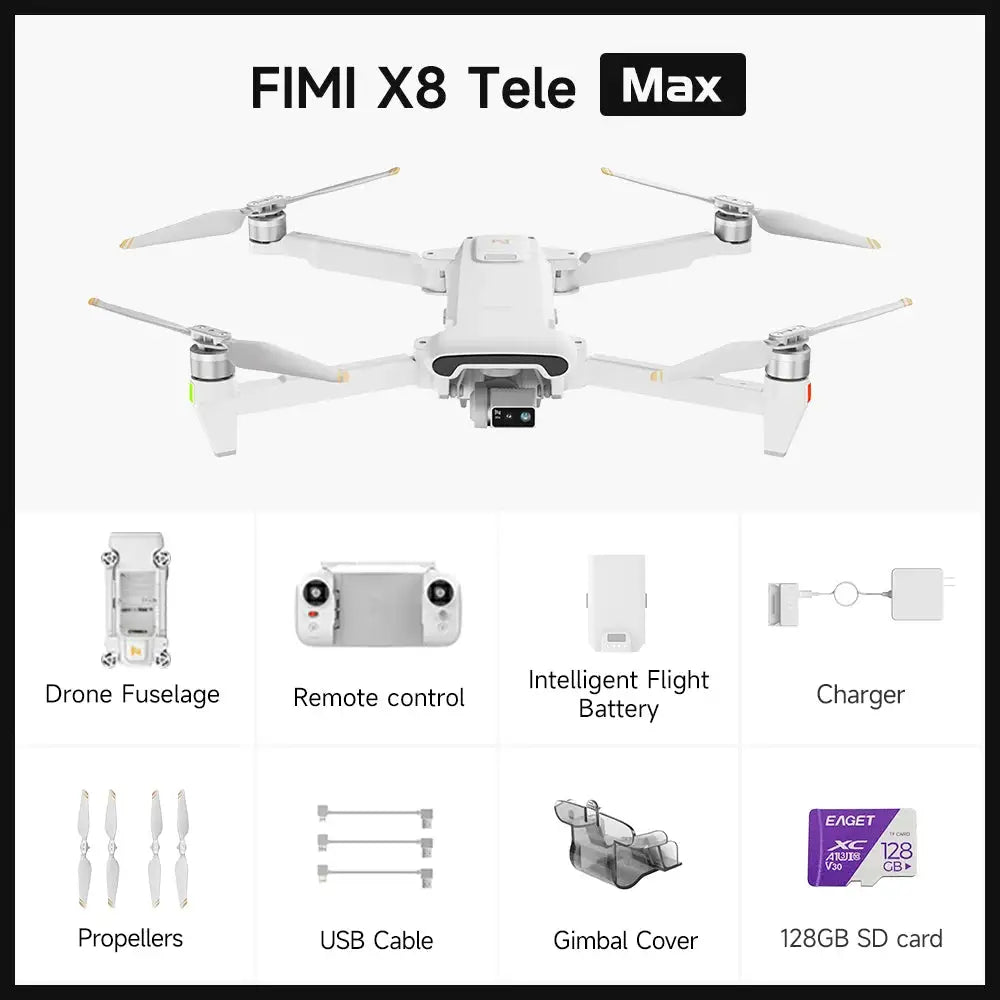 FIMI X8 Tele Max Drone 30x Hybrid Zoom Wide-Angle Tele Camera 20KM Range 4K 60fps 3-Axis Gimbal GPS AI Super Night Video