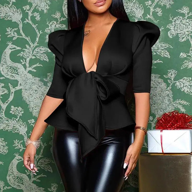 Peplum Chic Deep V Neck Womens Evening Blouse Night