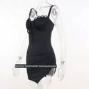 Split Spy Girl Strap Dress V Neck Lace Trim Slim Fit Slit