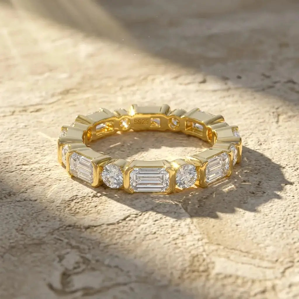 Emerald-style ring offered with moissanite and zircon stone labels