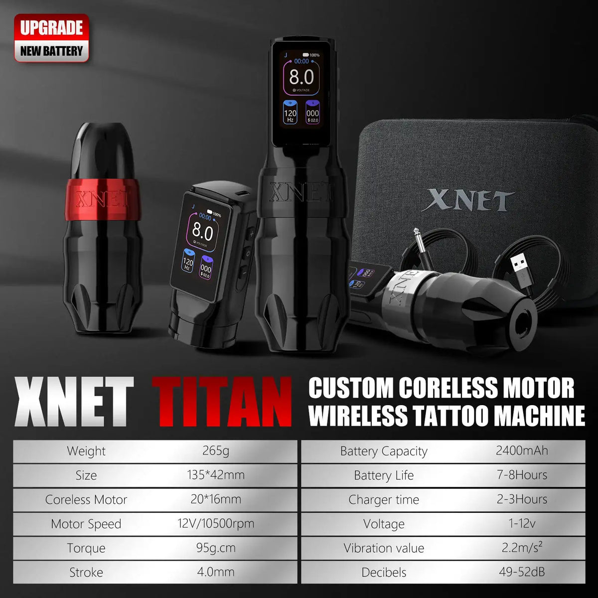 XNET Titan Max Professional Wireless Tattoo Machine Coreless Motor 2400 Multi-Function Touchscreen Battery 1-12V for Tattoo Art