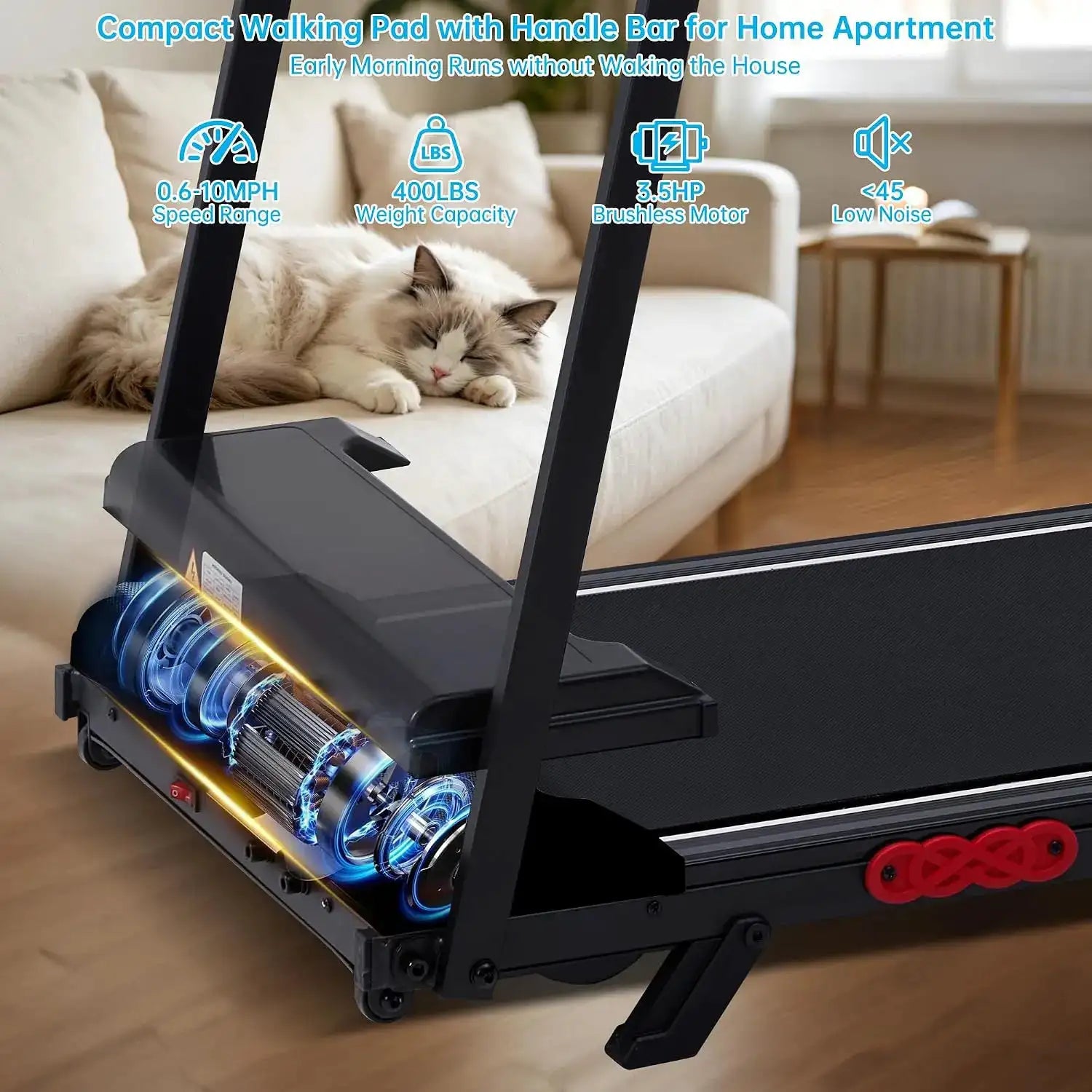 3.5HP Mini Portable Electric Walking Pad Treadmill with Handle Bar & Incline, Adjustable Speed 0.6–10 MPH, Max 400-LB Load for Small-Space Home Exercise