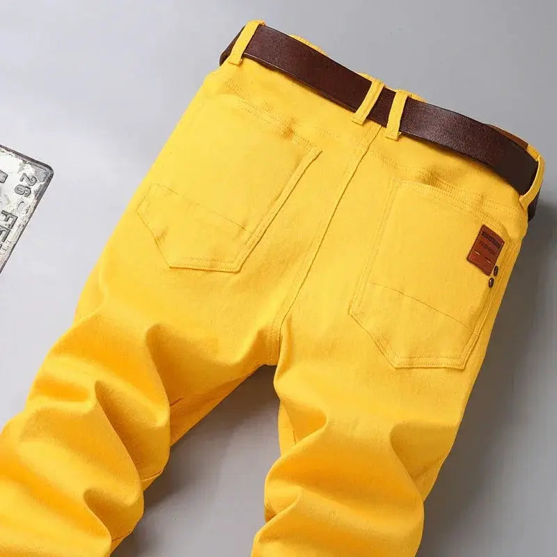 Red White Jeans Men's Stretch Cotton Denim Pants Classic