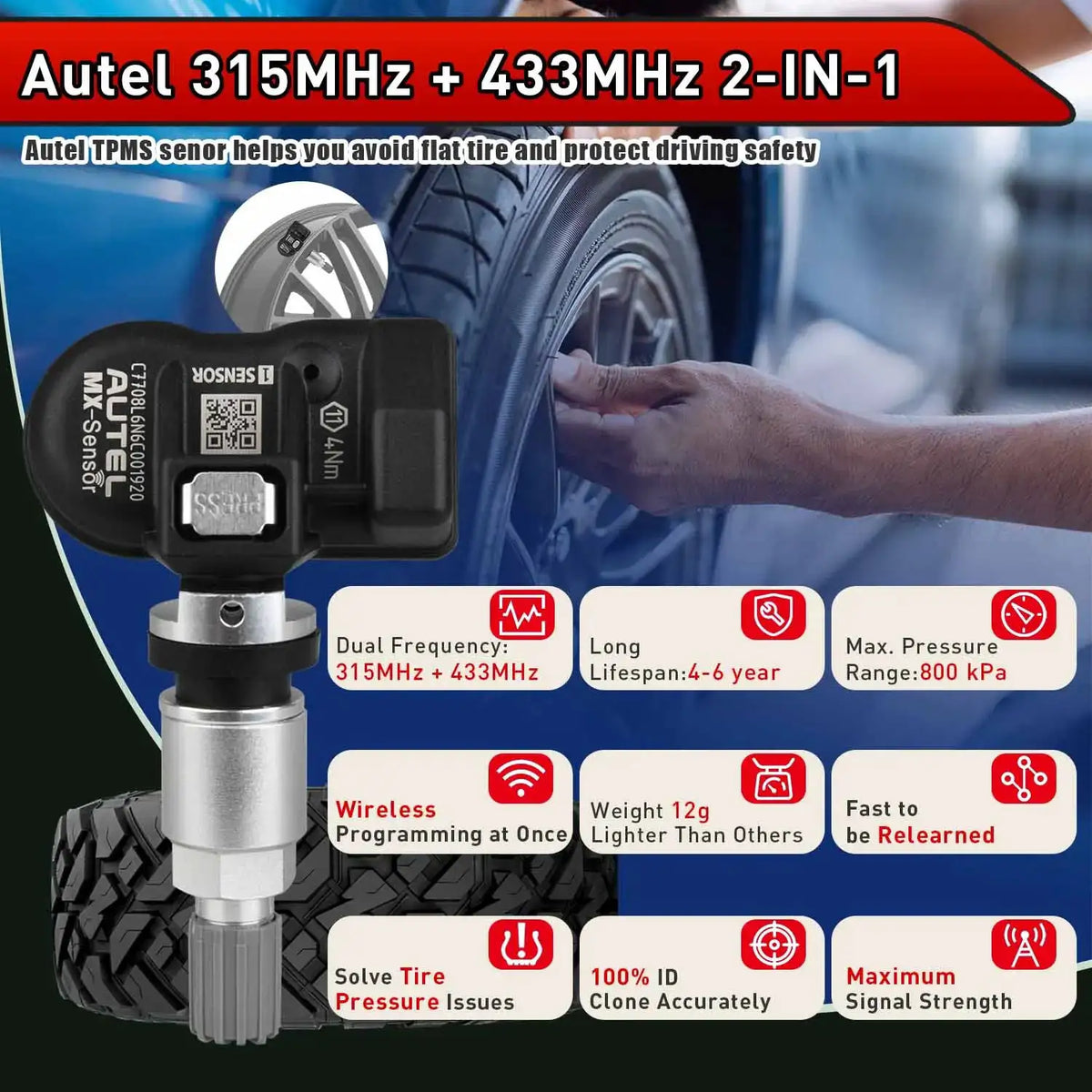 Autel MX Sensor 433MHZ+315 MHZ TPMS Mx-Sensor Tire Repair Tool Tire Pressure Monitor Tester For Autel TS501 TS508 Pad Programmer