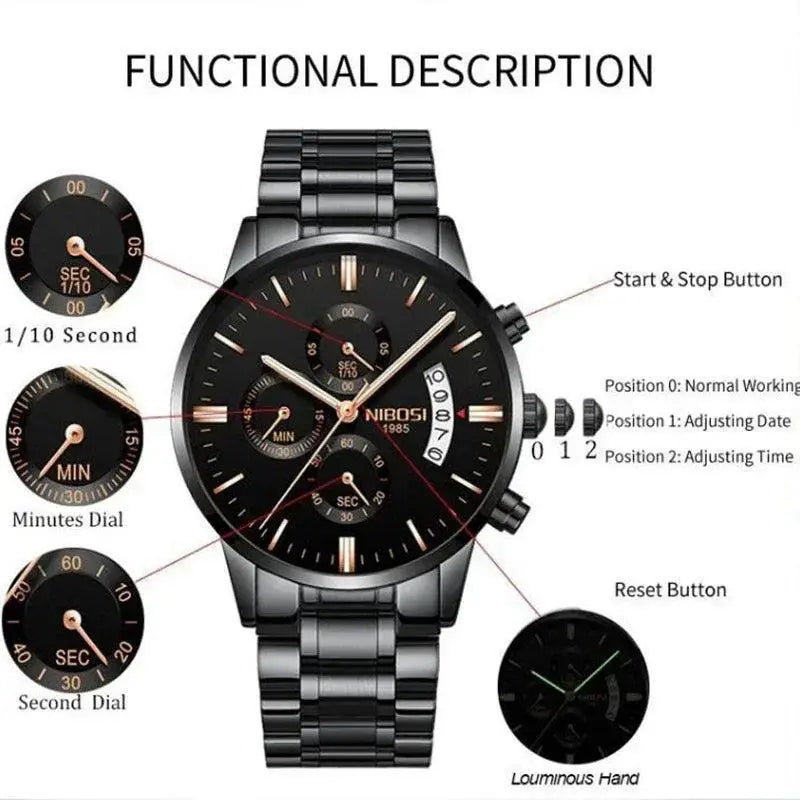 NIBOSI Mens Luxury Chronograph Watch Quartz Timepiece
