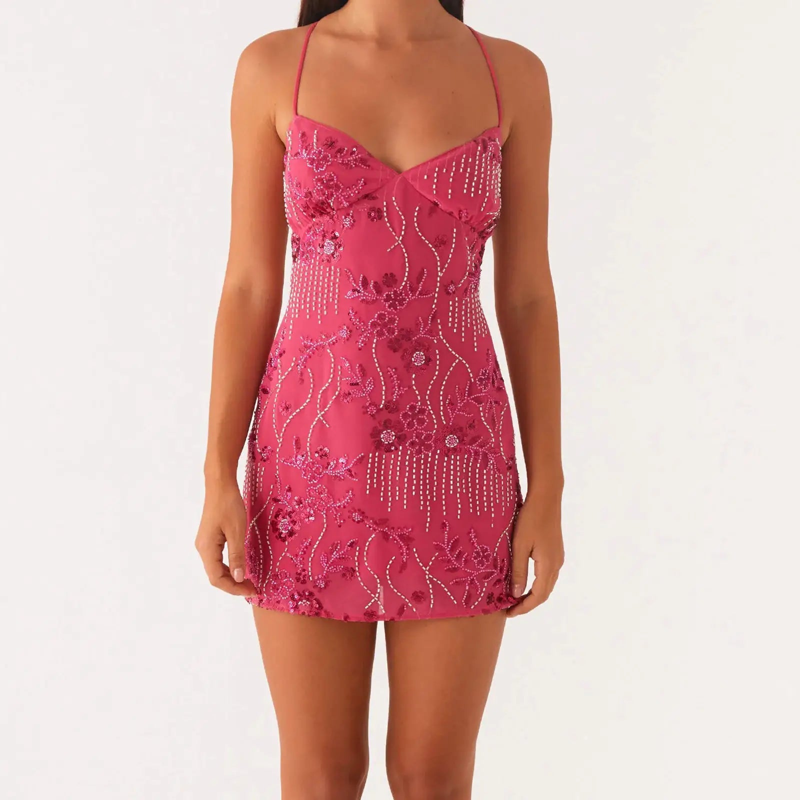 hirigin Sequin Beaded Cami Mini Dress Sexy Front V Neckline Sleeveless Short Dresses for Women Backless Criss Cross Straps Dress
