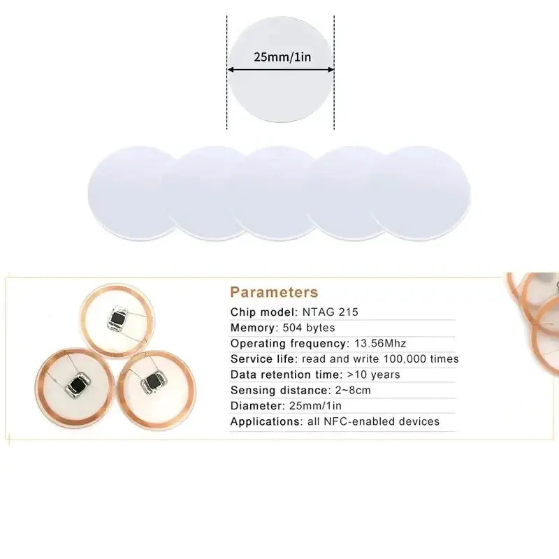 NFC Ntag215 13.56MHz NFC Coin Bonding Card Badge ISO/EC14443A 25mm Waterproof PVC 215 Electronic Tags Round card